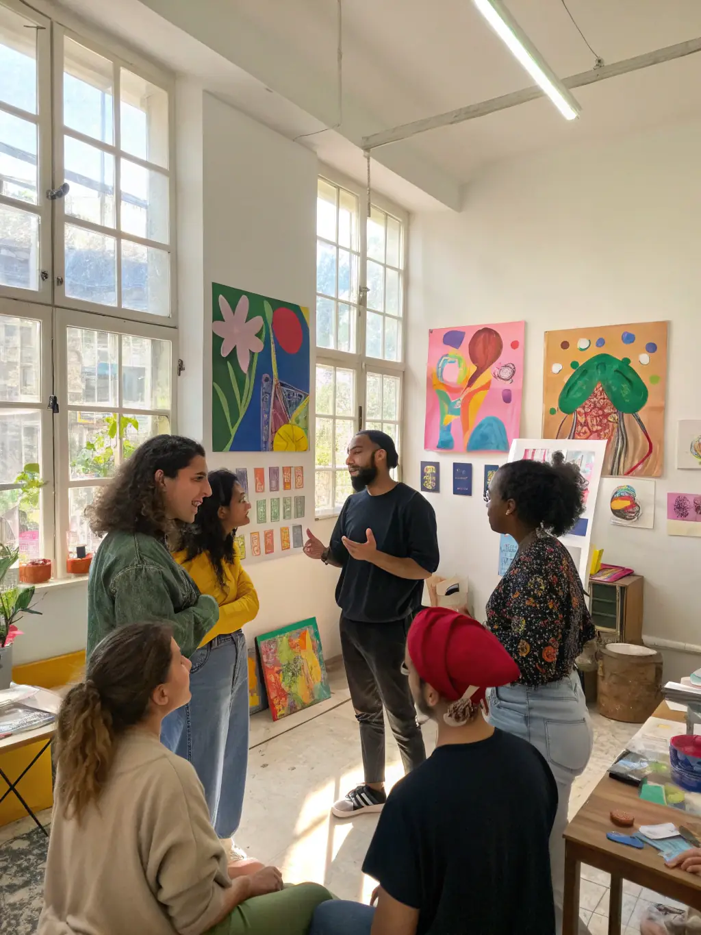 A photograph capturing a diverse group of artists participating in a collaborative art workshop, showcasing the organization's commitment to fostering artistic expression and community engagement.