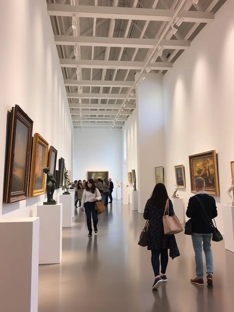 A visually appealing image of an art exhibition supported by Toupie Bolki, showcasing diverse artworks and visitors appreciating the display, emphasizing the organization's role in promoting art appreciation.